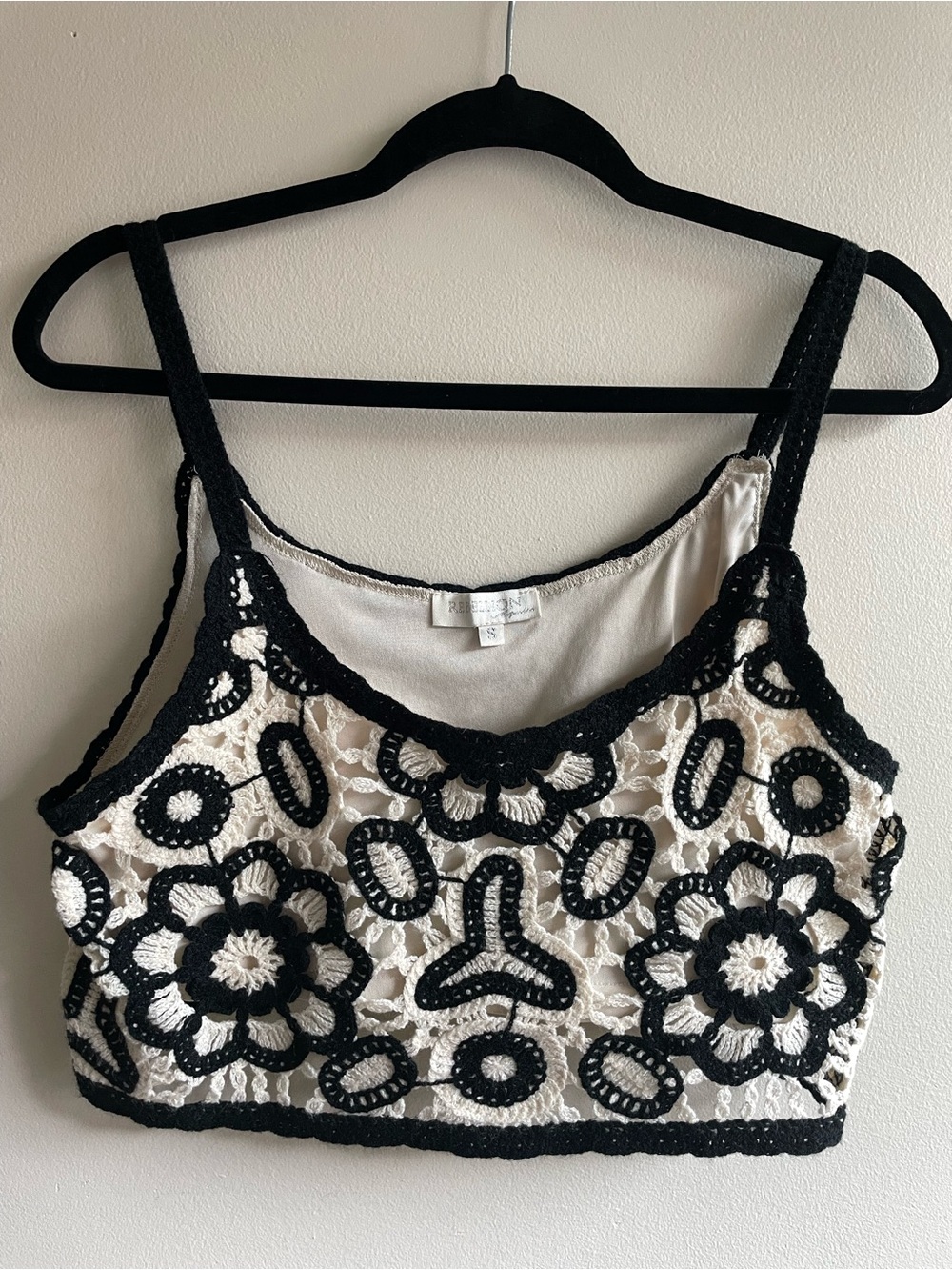 Rebellion Crochet Floral Crop Tank Top S Black White Boho Lined Festival